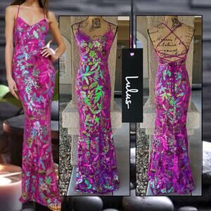 Lulus Glittering Icon Magenta Iridescent Sequin Lace-Up Maxi Dress Size: XL